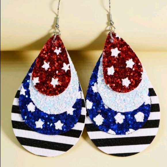 MULTICOLOR STAR PU USA theme WATERDROP EARRINGS - Picture 2 of 4